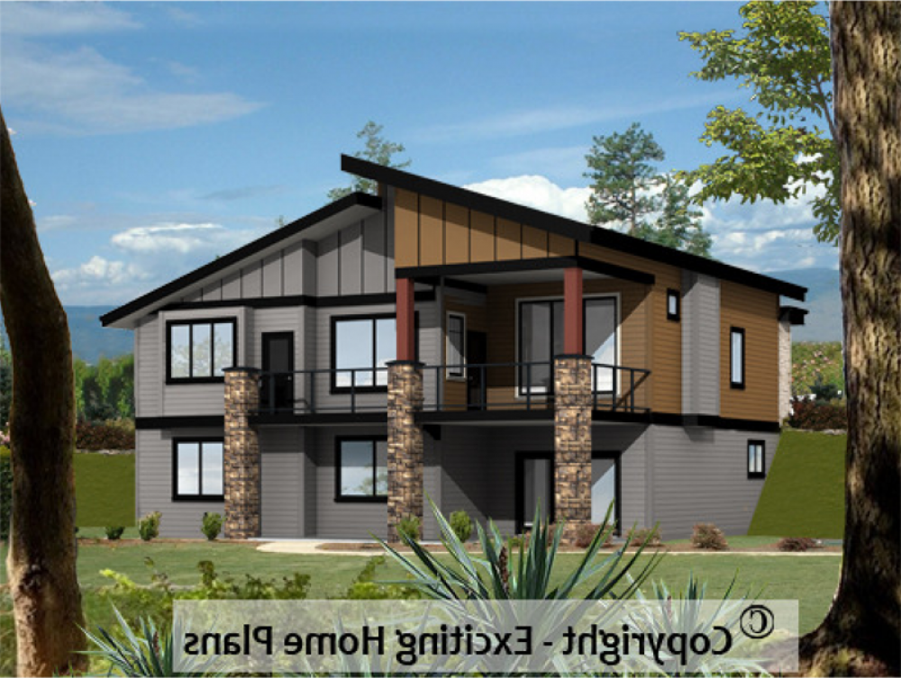 House Plan E1002-10M2 Rear 3D View REVERSE