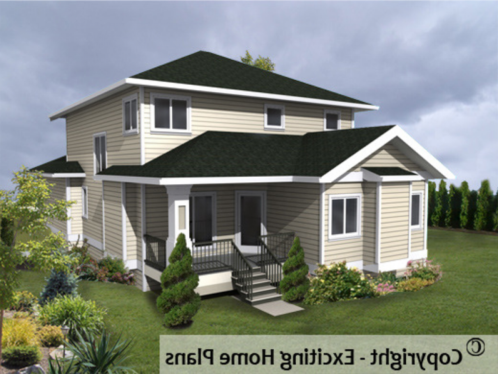 House Plan E1026-10 Rear 3D View REVERSE