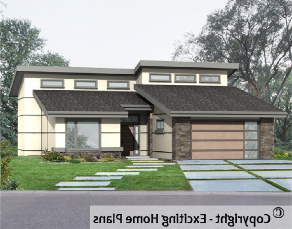 House Plan E1019-10M Front 3D View REVERSE