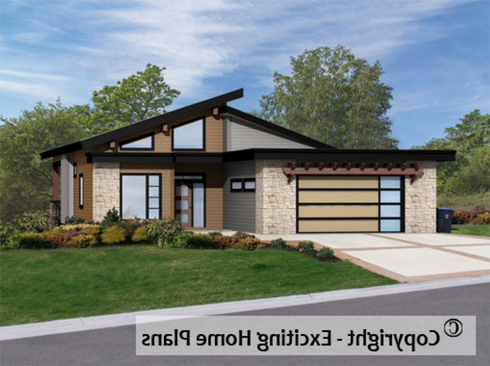 House Plan E1002-10M2 Front 3D View REVERSE