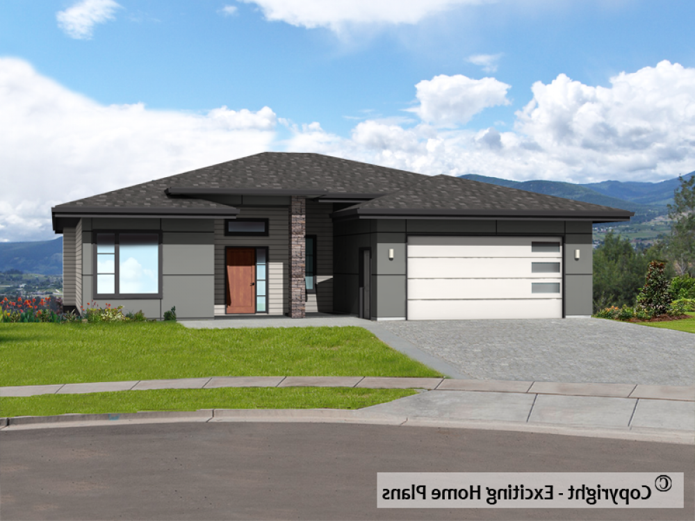 House Plan E1100-10M Front 3D View REVERSE