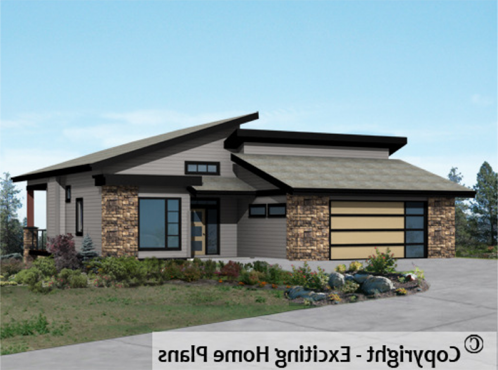 House Plan E1002-10M Front 3D View REVERSE