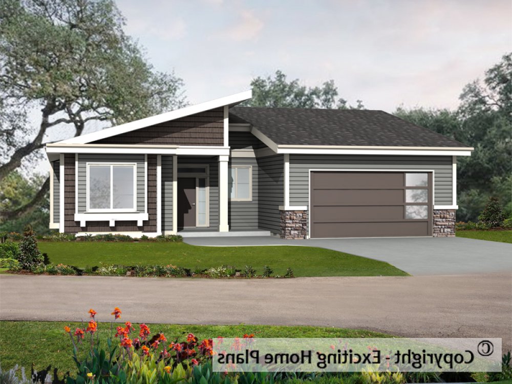 House Plan E1344-10M - The Sharona - Modern Front Exterior 3D View REVERSE